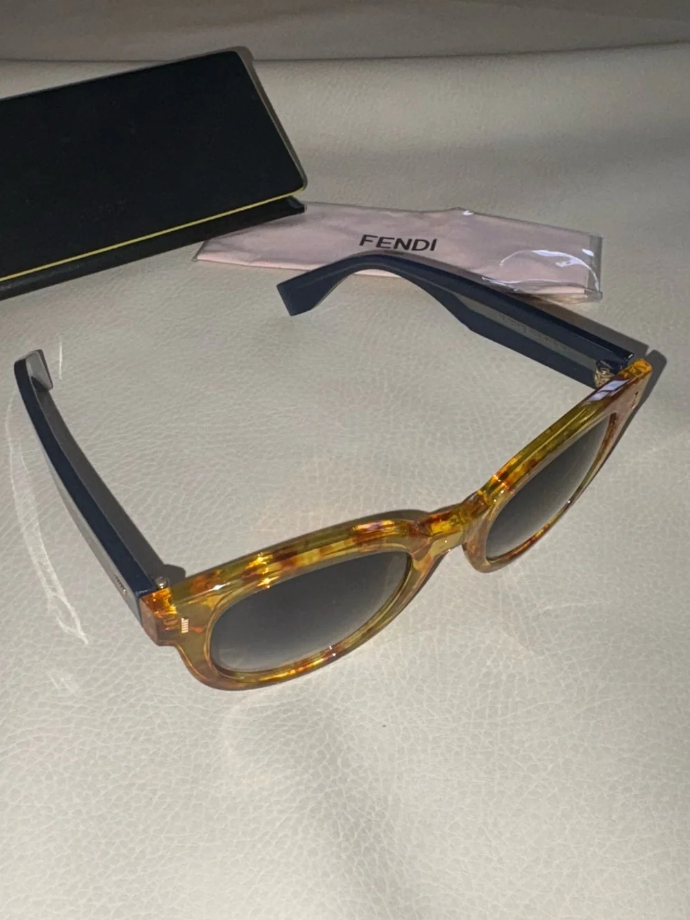 Fendi Womens Tortoiseshell Amber Frame Sunglasses with Gradient Blue Lenses